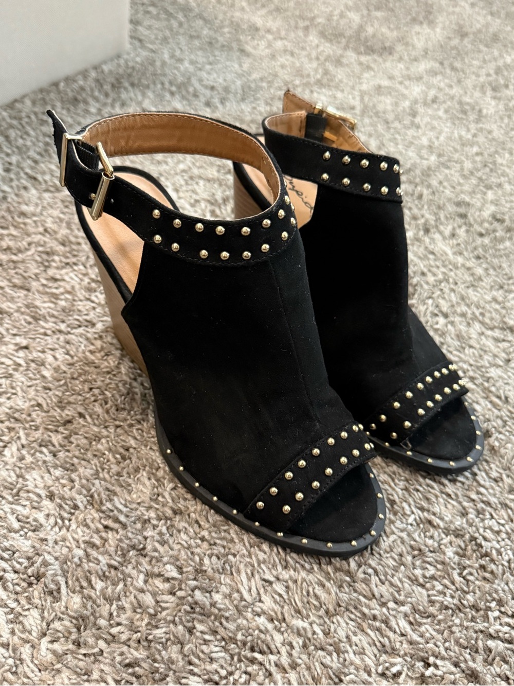 Black Studded Open-Toe Wedge Sandals